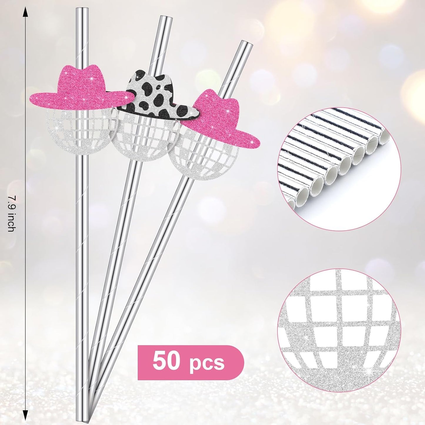 Tanlade 50 Pcs Mini Disco Ball Straws 70s Disco Straws Mirror Glitter Cowgirl Hat Party Decorations for Dance Holiday Wedding Birthday Supplies(Pink, Black)