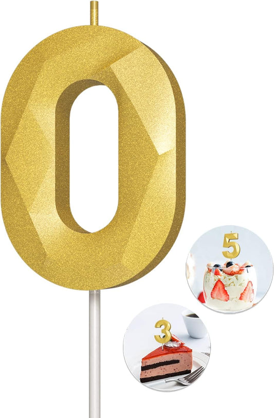Number Birthday Candles(0 Candle Gold) 3D Diamond Shape Number Happy Birthday Cake Candles for Birthday Party Wedding Decoration Reunions Theme Party