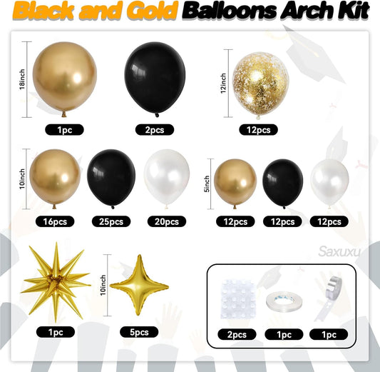 Black and Gold Balloon Arch Kit, Black White Gold Balloons Garland Kit, Star Foil Balloons, Confetti Balloon For Graduation Birthday New Year Retirement Party Wedding Baby Shower Decorations