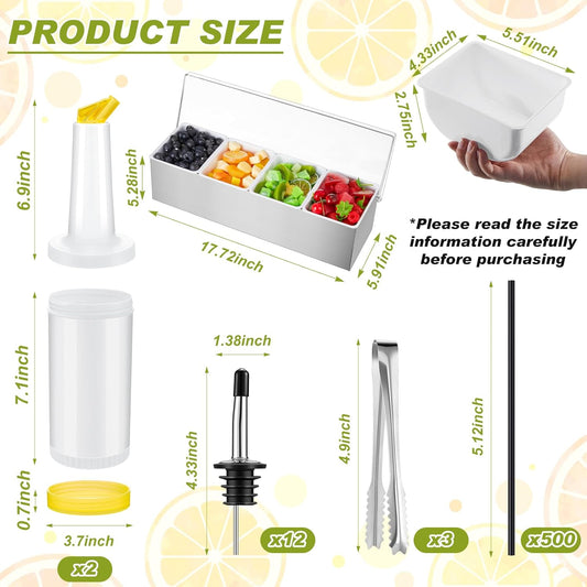 Mifoci Garnish Tray with Lid Bar Caddy 3 Tier Glass Rimmer 12 Stainless Steel Bottle Pourers 2 Plastic Juice Pour Bottles 1000 Count Cocktail Straws 3 Serving Tongs (4 Compartments,Stainless Steel)