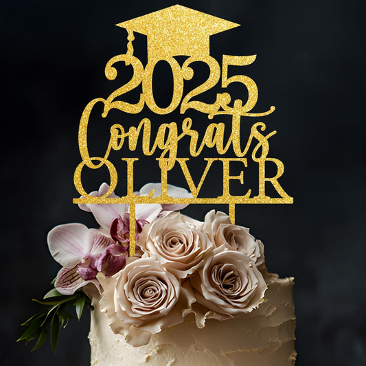 Personalized Graduation Cake Topper - Wood/Acrylic Graduation Cake Topper Class Of 2025 with Any Name, Custom Congrats Grad Hat Glitter Gift Party Cake Décor