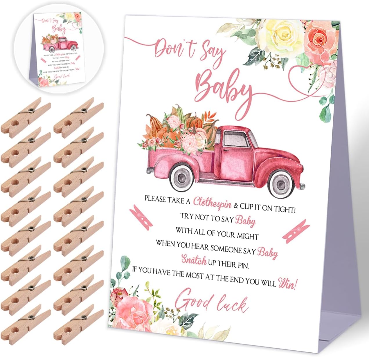 Don't Say Baby Baby Shower Game,Little Pumpkin Truck Baby Shower Decorations,Rustic Baby Shower Decorations,Neutral Baby Shower Decorations,Baby Shower Game Ideas,1 Sign & 50 Mini Clothespins Set-B18