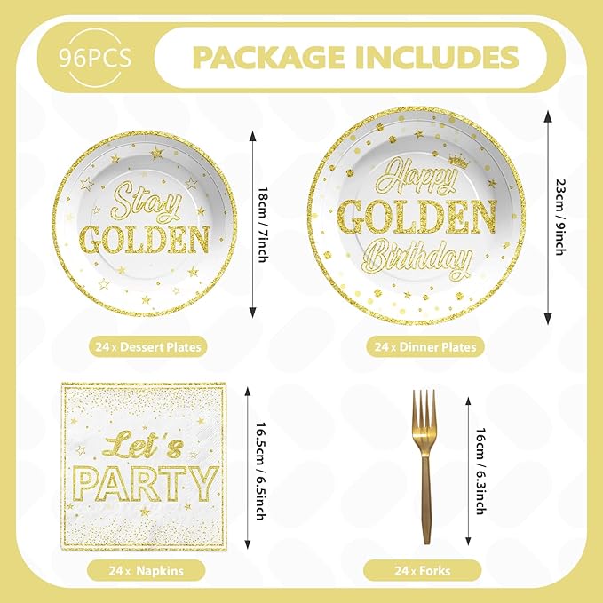 96Pcs Golden Birthday Party Decorations White Gold Plates and Napkins Disposable Stay Golden Paper Tableware Set for Women Men Happy Birthday Party Supplies, Serves 24