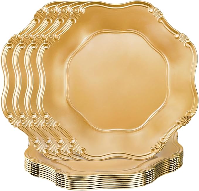 ZOOFOX Set of 12 Antique Gold Charger Plates, 13" Round Embossed Chargers for Dinner Plates, Decorative Plate Chargers with Engraved Baroque Rim for Thanksgiving, Christmas, Wedding Party Supplies