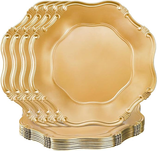 ZOOFOX Set of 12 Antique Gold Charger Plates, 13" Round Embossed Chargers for Dinner Plates, Decorative Plate Chargers with Engraved Baroque Rim for Thanksgiving, Christmas, Wedding Party Supplies