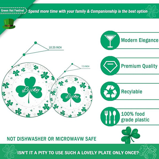 U-QE 60PCS St Patricks Day Plates - Clear and Green Disposable Plates - Premium Hard Green Plastic Plate Including 30 Dinner Plate 10.25'' & 30 Dessert Plate 7.5 '' Perfect for St. Patrick’s Day