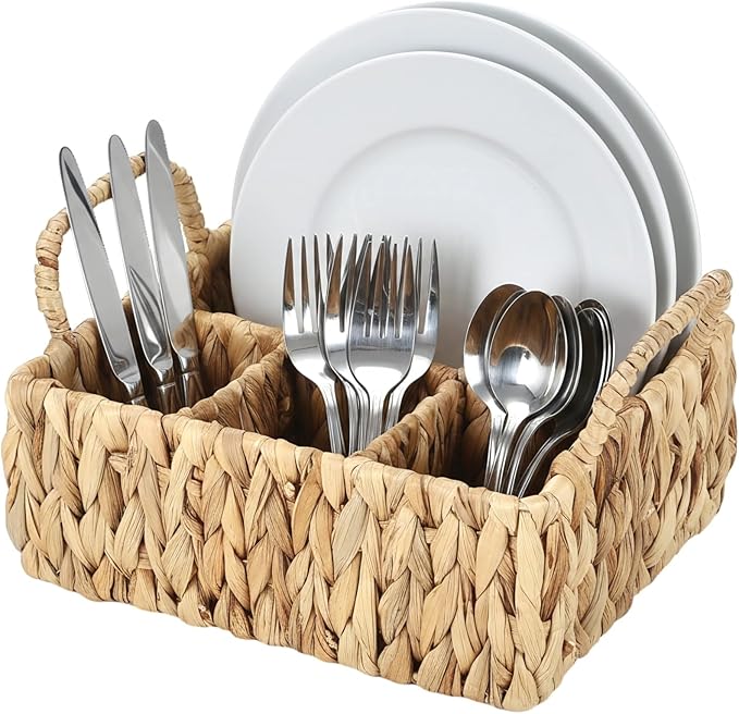 Silverware Basket, Water Hyacinth Utensil Caddy, 4-Compartment Flatware Storage Basket with Dual Handles, Farmhouse Divided Cutlery Holder, Natural Woven Silverware Organizer, 10.4 x 8.5 x 6.1 in