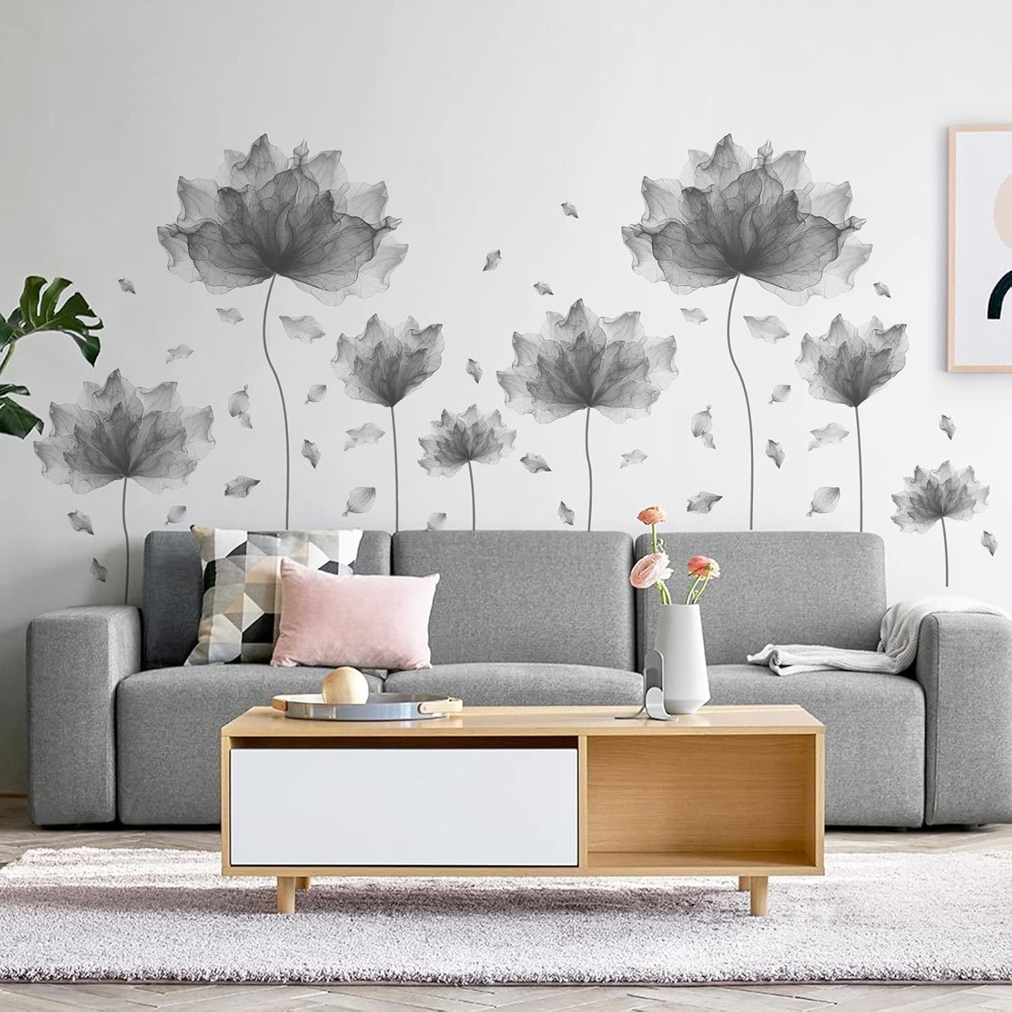 59.1'' x 49.6'' Huge Flower Petal Wall Decals Living Room Floral Wall Stickers Removable Peel and Stick Waterproof Wall Art Decor Stickers for Bedroom Bathroom Office (Gray)