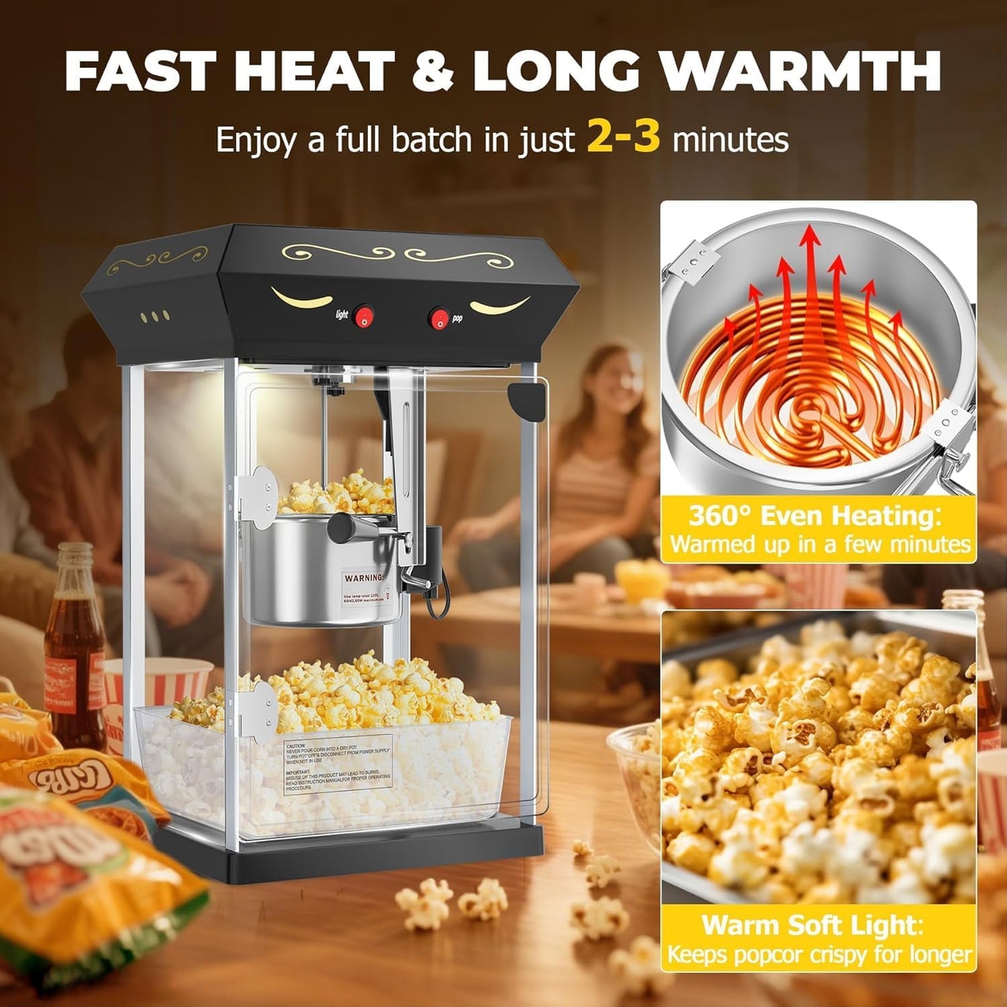8 oz Popcorn Machine Cart, Popcorn Maker Machine with Stainless-Steel Kettle Makes Up to 32 Cups, Movie Theater Style Pop Corn Machine with Heated Warming Deck, 2025 Upgraded, Black