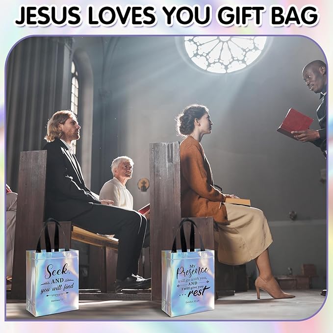 HunnmingRe 24 Pcs Religious Gift Bags Bulk, Non Woven Christian Bible Verse Gift Bags with Handle, Reusable Religious Iridescent Tote Bag for Easter Baptism Catholic Party Favors Gifts Wrapping