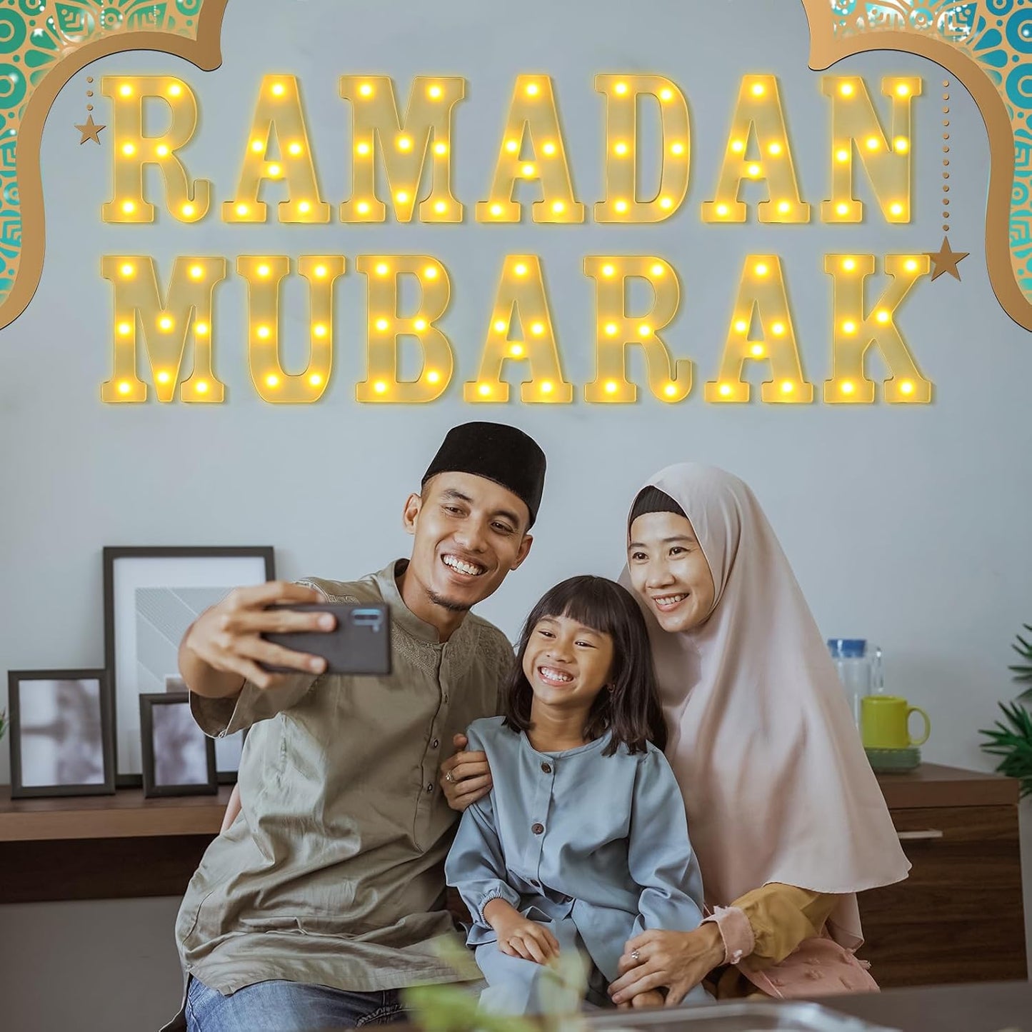 Sukkot Large LED Letter Sign LED Lights Battery Powered Table Decoration for Party Gift Tabletop Decoration(Ramadan Mubarak)