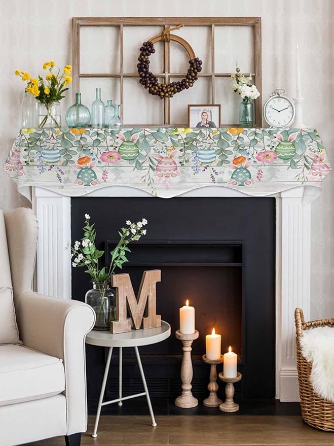 Easter Fireplace Mantel Scarf Table Runner, Spring Eggs Eucalyptus Leaves Wooden Grain Winter Garland Mantel Top Tablerunners Dresser Scarves Cover Decorations for Windows Party Living Room 90''x17''