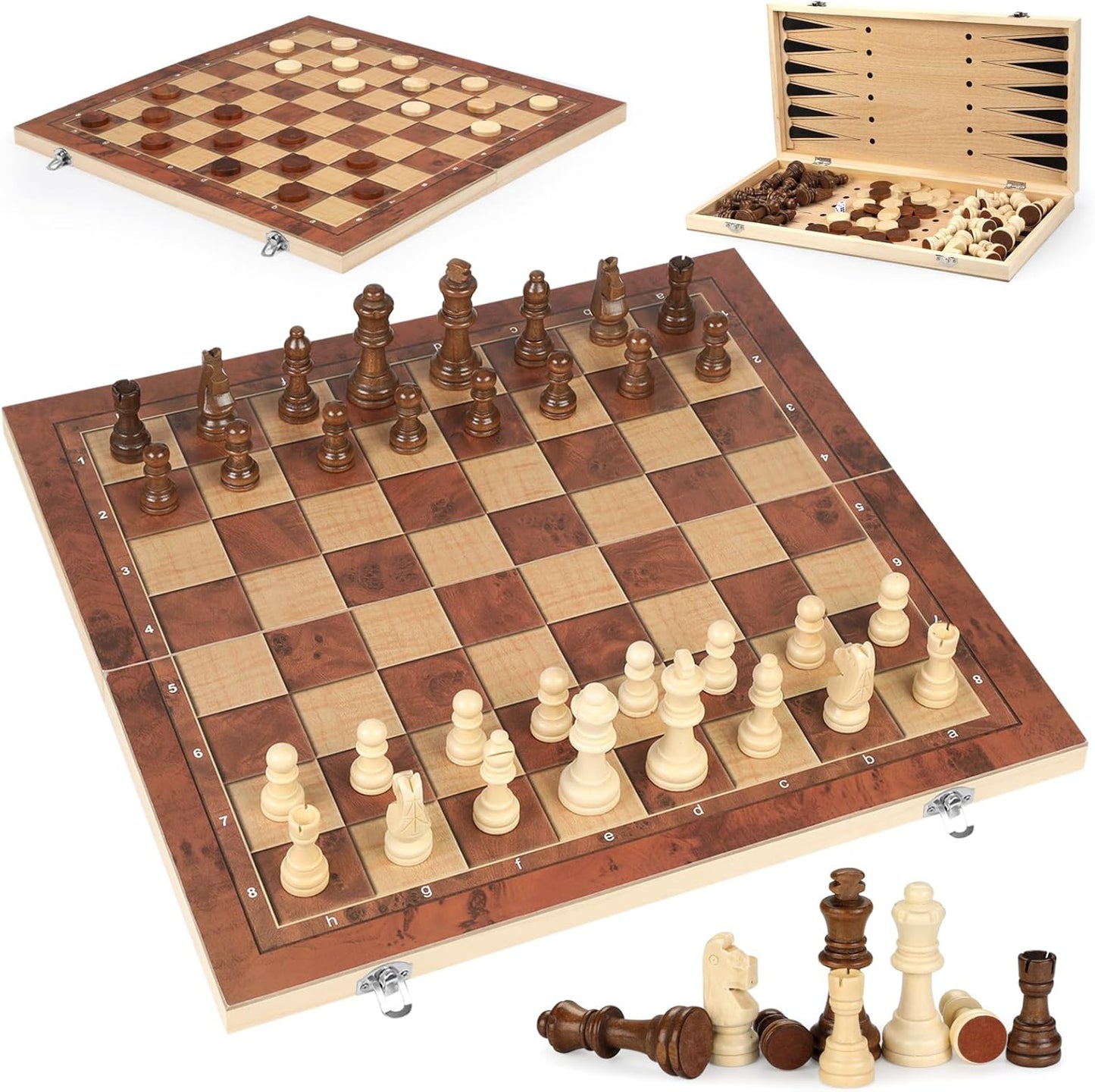 Chess Checkers Backgammon 3-in-1 Board Games Sets, Wooden Chess Set for Adults & Kids, 17.2" Lightweight Checkers Board Game,Strategy Backgammon Sets for Adults, Travel Chess Board Game Pieces Storage