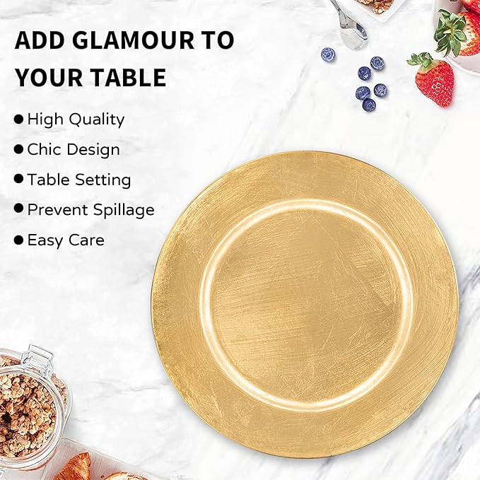 MAONAME Foil Gold Charger Plates Set of 12, 13" Plate Chargers for Dinner Plate, Plastic Round Chargers for Table Setting, Wedding Bulk