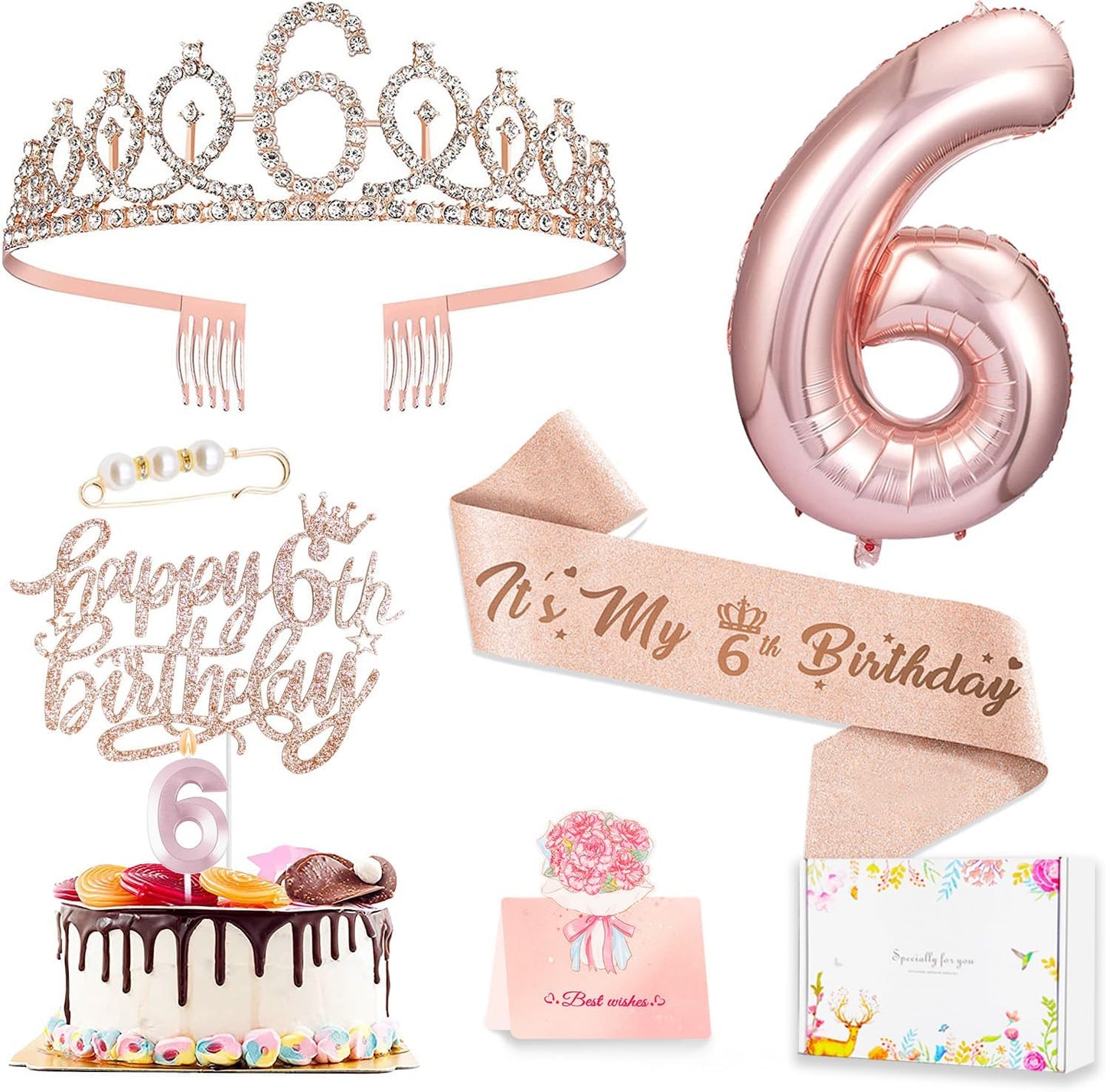 6th Birthday Decorations for Girls, Including 6 year old Birthday Cake Topper, Queen Sash with Pearl Pin, Sweet Rhinestone Tiara Crown, Number Candles and Balloons Set, Rose Gold