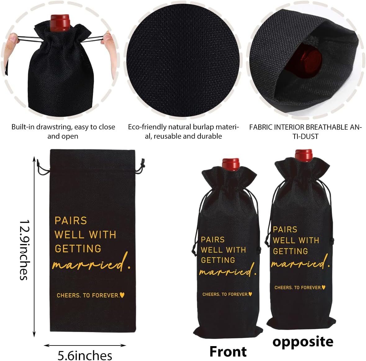 Married Wine Bag Married Gifts for Couples Mr Mrs Marriage Honeymoon Gift Wedding Party Decorations Getting Engaged Wine Bottle Bag Champagne Bottle Wraps Bags （Black）