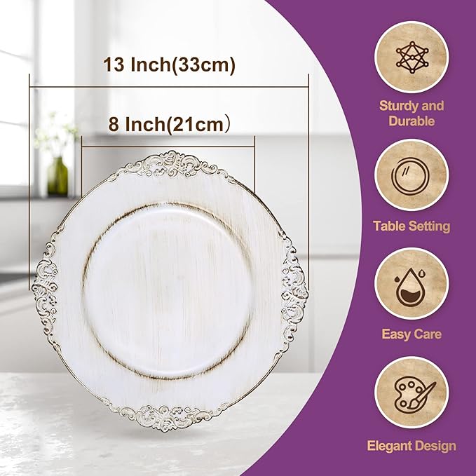 Gifturbo Antique White Charger Plates, 13" Round Chargers for Dinner Plates, Set of 6 Plastic Charger Plate for Table Setting,Decorative Plate Chargers for Wedding,Decoration