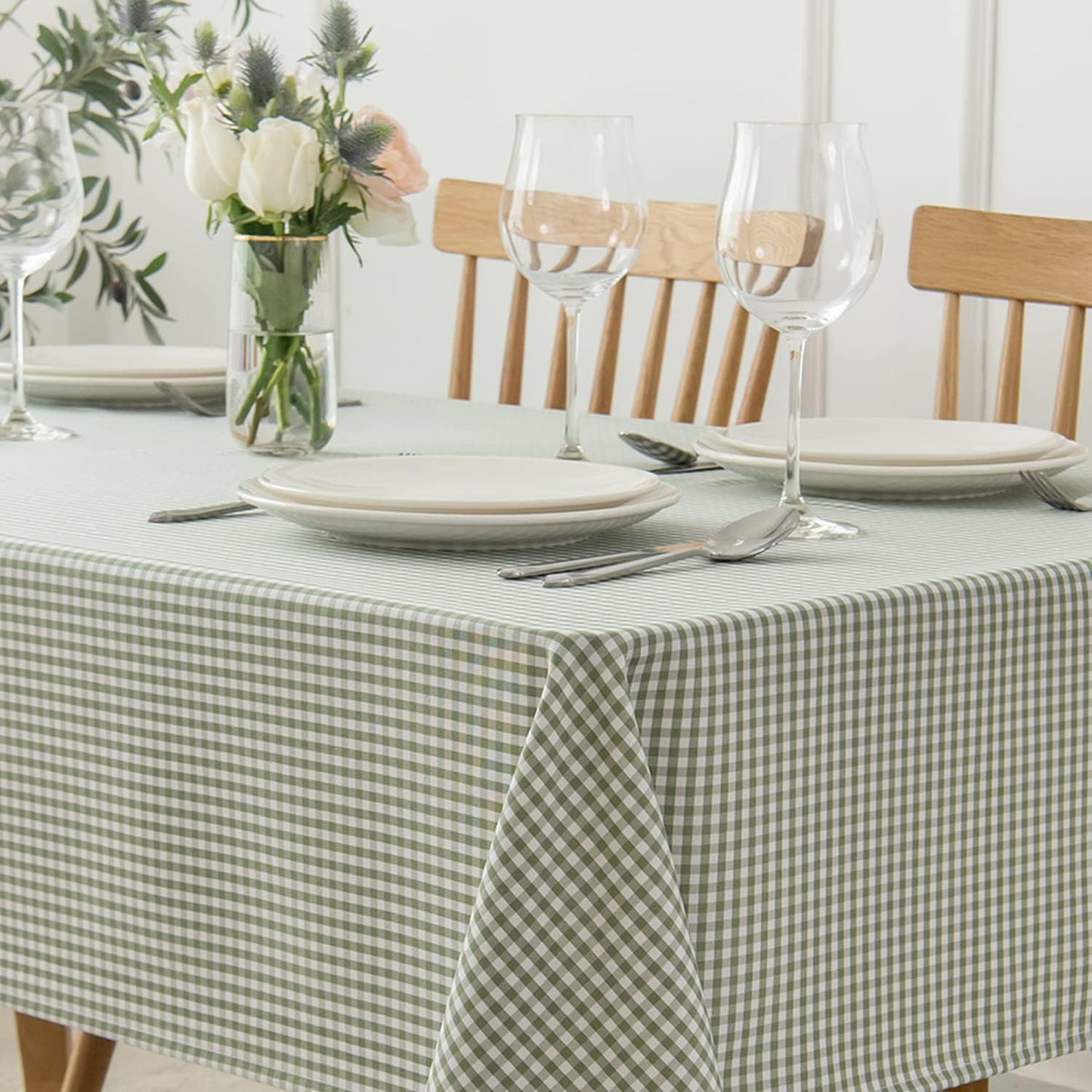 maxmill Checkered Square Tablecloth Stain Resistant Waterproof and Wrinkle Resistant Washable Heavy Weight Soft Table Cloth Gingham for Dining Room and Outdoor Use, 52 x 52 Inch Sage White