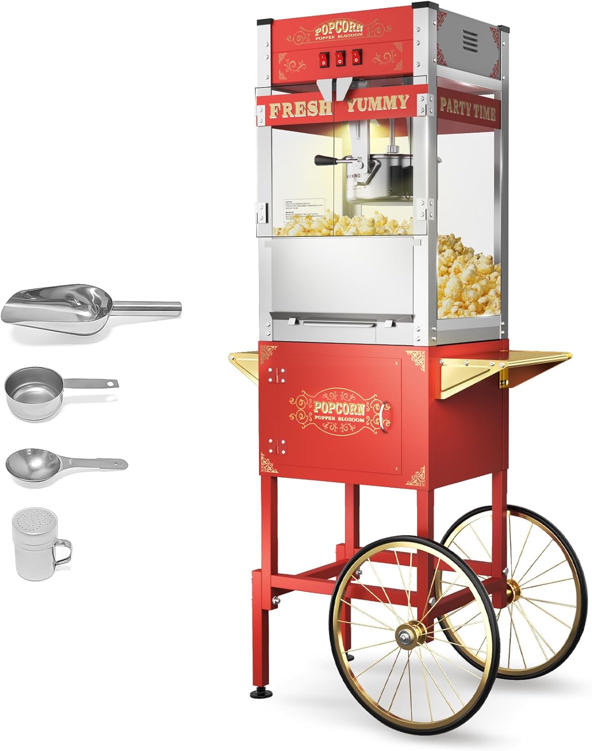 2025 Upgraded 20 oz Popcorn Machine with Cart, Popcorn Maker Machine Makes Up to 80 Cups, Movie Theater Pop Corn Machine with Stainless-Steel Kettle & 3-Switch Control & Tempered Glass Doors, Red