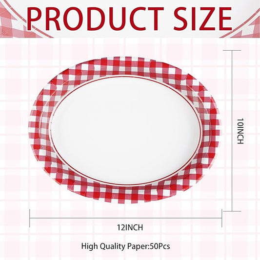 50Pcs Gingham Oval Paper Plates 10" x 12" Large Disposable Heavy Duty Valentine‘s Day Red and White Buffalo Checked Plaid Paper Dessert Platter Plates for Valentines Day Picnic Birthday Party Supplies