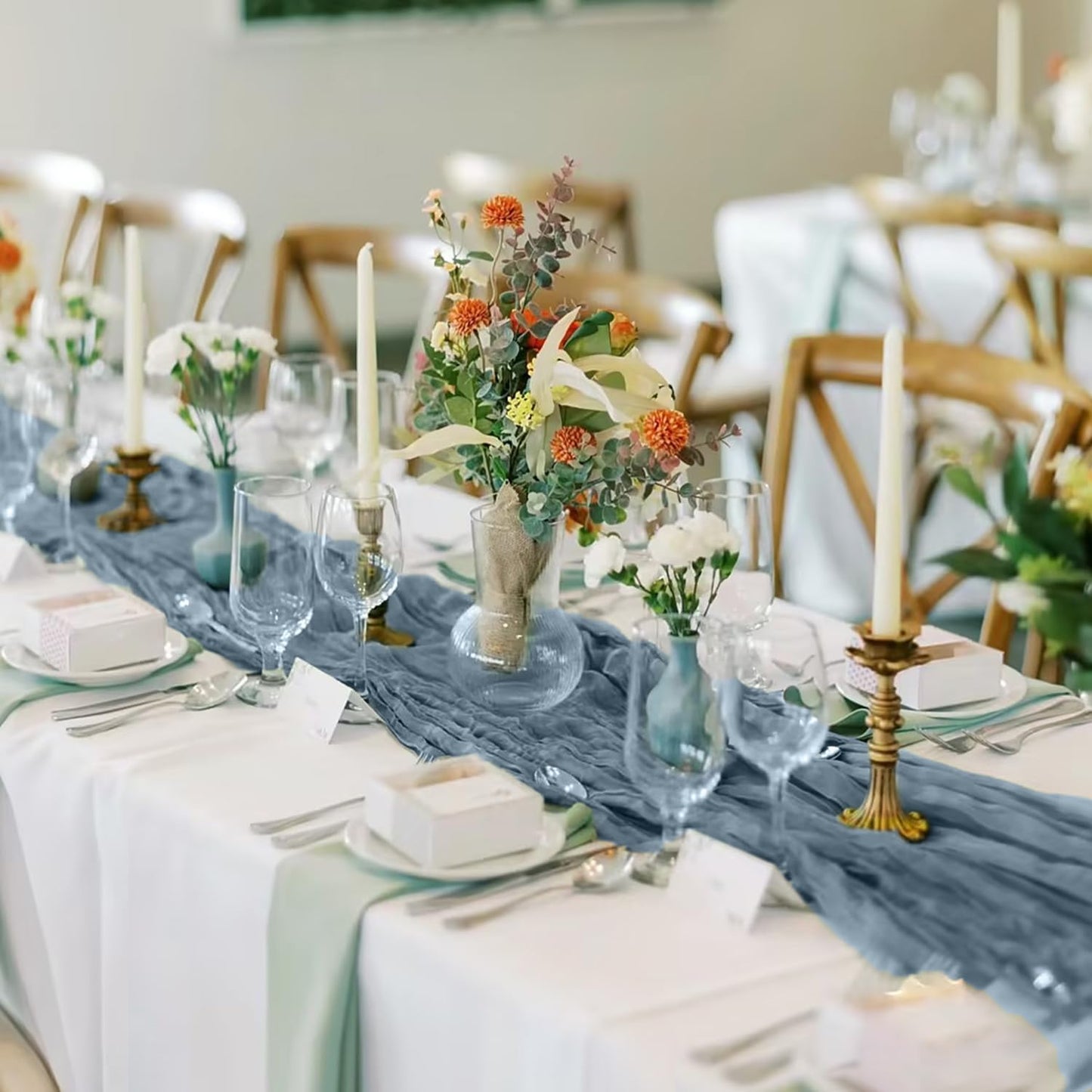 GARIG 6 Dusty Blue Table Runner for Summer, 10FT Boho Sheer Spring Gauze Cheesecloth Table Runner 35x120Inch for Mother's Day Wedding Party Baby Bridal Shower Birthday Home Decor