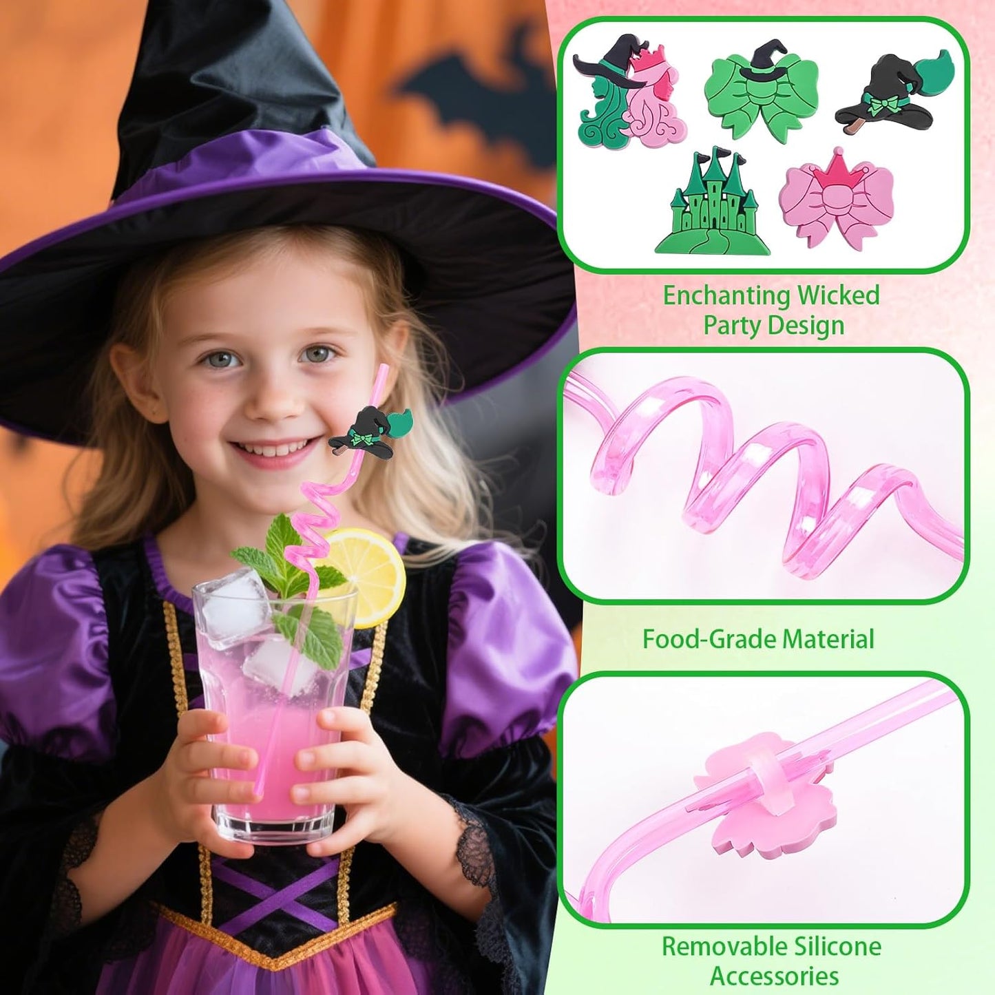 25 PCS Wicked Party Drinking Straws, Princess and Witch Theme Reusable Plastic Loop Drinking Straws with 2 Cleaning Brushes Pink and Green Birthday Favors Decorations for Kids