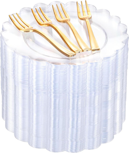 LIYH 200 Pcs Clear Plastic Plates and Gold Forks Disposable Dessert Plates 7.5" Clear Cake Plate,Baby Shower Plate Set for Weddings Birthday Bridal Showers Afternoon Tea