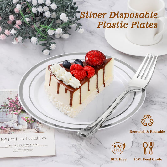 BESTVIP 200PCS Silver Plastic Plate, Disposable Party Plates with 100 Dinner Plates and 100 Dessert Plates, Plastic Plates for Party, Wedding and Birthday