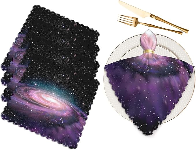 Purple Spiral Galaxy Cloth Table Napkins Set of 4 Universe Stars Shine Beautiful Glow Polyester Washable Decoration Dinner Napkins for Kitchen 18 x 18 inch