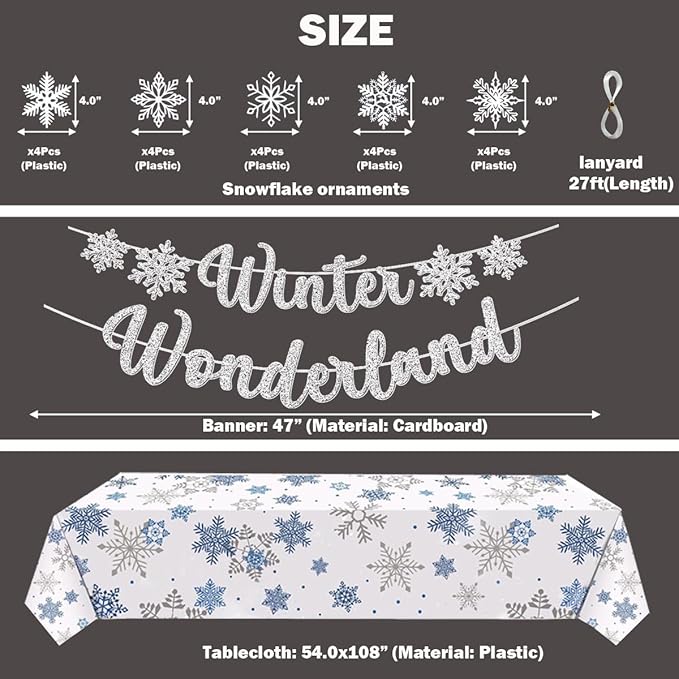 Winter Wonderland Decorations 20Pieces Plastic Snowflakes Hanging Ornaments, Winter Wonderland Banner,Snowflake Tablecloth for Home Bedroom Office White Christmas Winter Onederland Party Supplies