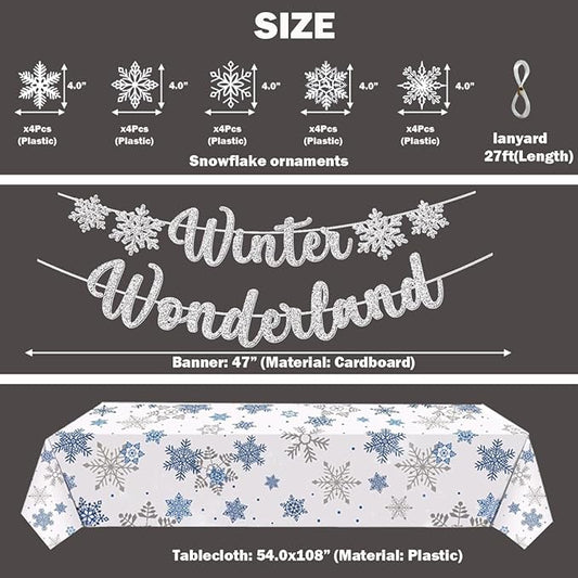 Winter Wonderland Decorations 20Pieces Plastic Snowflakes Hanging Ornaments, Winter Wonderland Banner,Snowflake Tablecloth for Home Bedroom Office White Christmas Winter Onederland Party Supplies