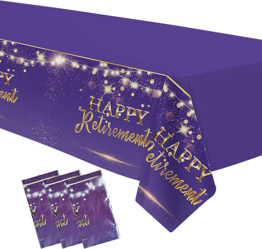 Xigejob Retirement Decorations Supplies Party Tablecloth for Women, Disposable Purple Happy Retirement Party Decorations Table Cover - 3 Pack (54in x 108in)
