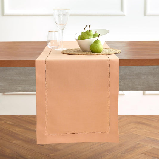 Solino Home Cotton Linen Table Runner 36 Inches - Peach Bloom Hemstitch Table Runner 14 x 36 Inch Ideal for Dresser and Coffee Tables