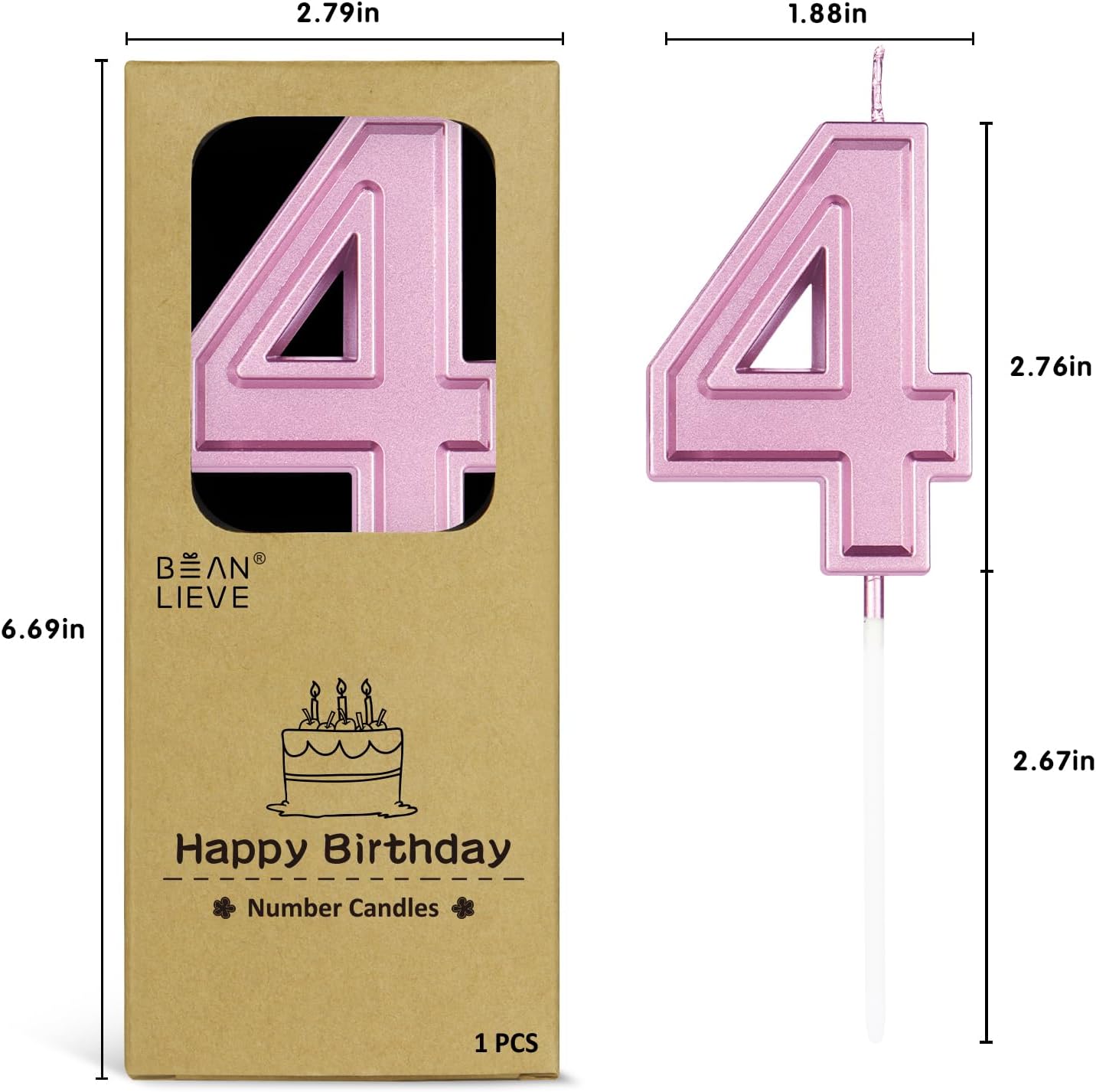 BEAN LIEVE Rose Gold Birthday Candles Number 4, Rose Gold Number Candles, Cake Number Candles for Birthday Parties and Wedding Anniversary Celebrations