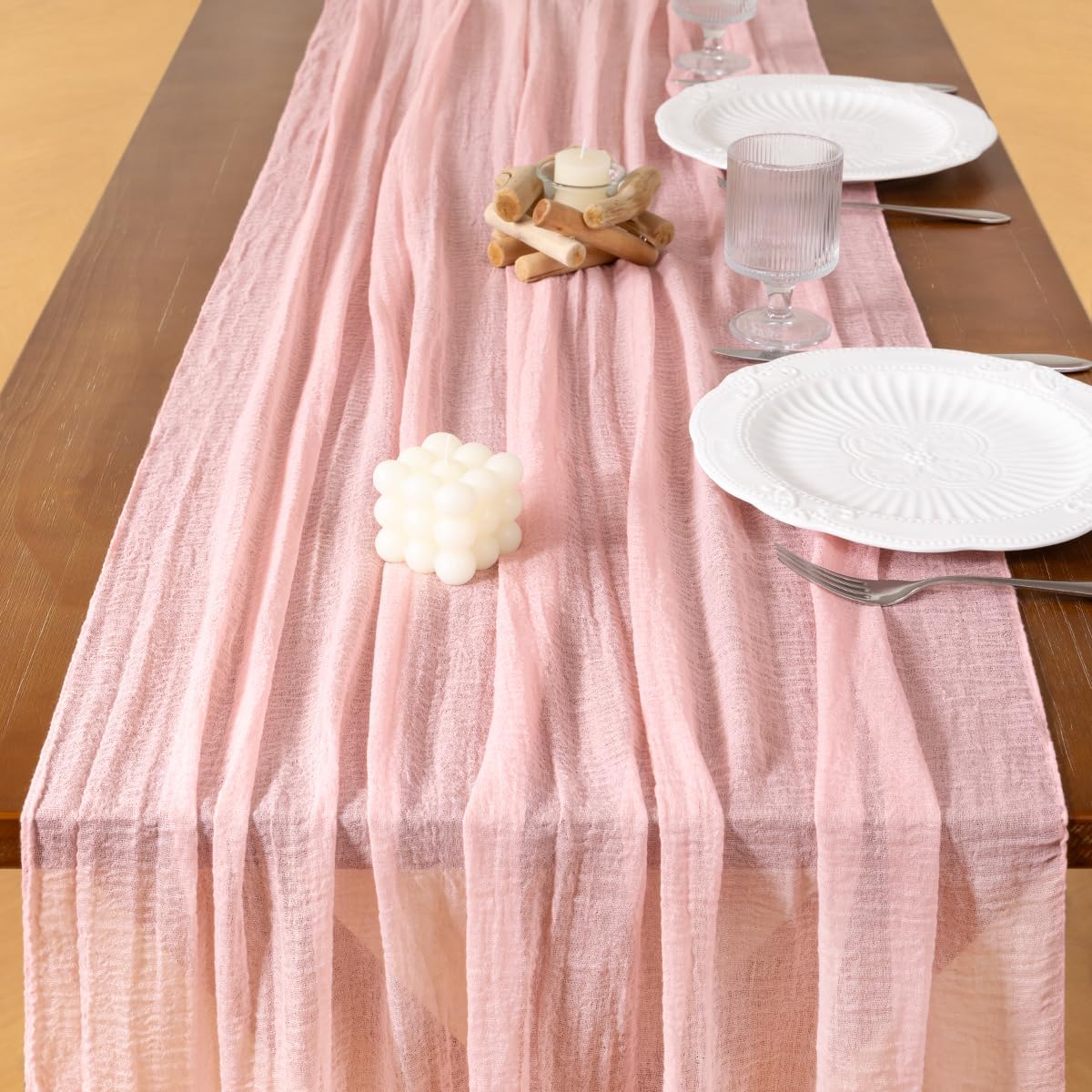 Socomi 3pcs Pink Gauze Fall Thanksgiving Cheesecloth Table Runner Blush 120 Inch Rustic Boho Cheese Cloth Runner for Wedding Party Baby Bridal Shower Centerpiece Decoration Holiday Home Decorations
