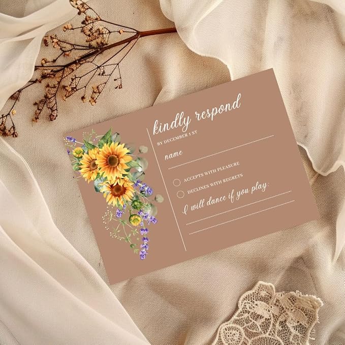 Preprinted Purple and Yellow Sunflower Wedding or Party RSVP Cards, Personalized Response Card Glossy Finish With White Envelopes, Set of 15 with Envelope, 5x3.5 inch Cards (Brown)