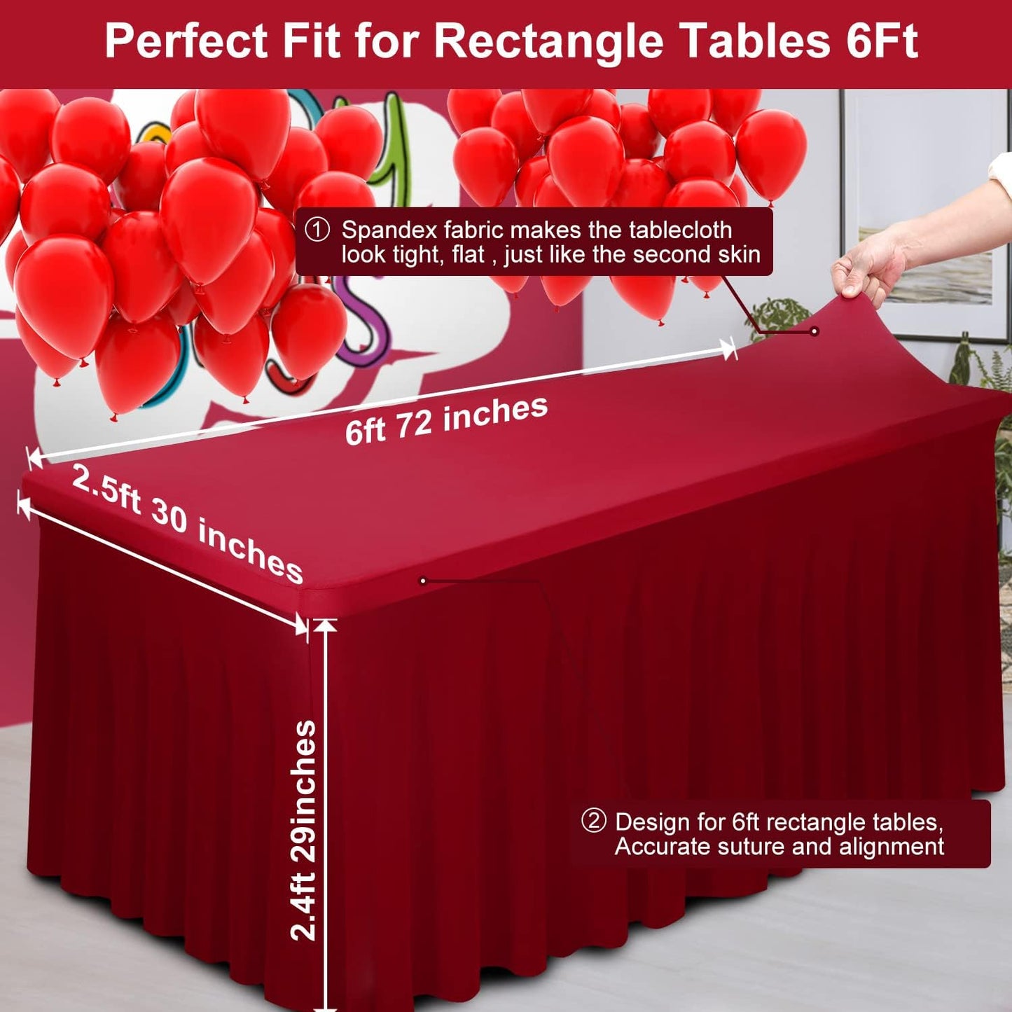 Thick 2 in 1 Spandex Table Skirt and Cover 6ft, Rectangle Fitted Tablecloth with Pleated Skirt, Wrinkle Free Rectangular Table Cloth for Banquets Vendor Event (Burgundy, 72"*30"*29")