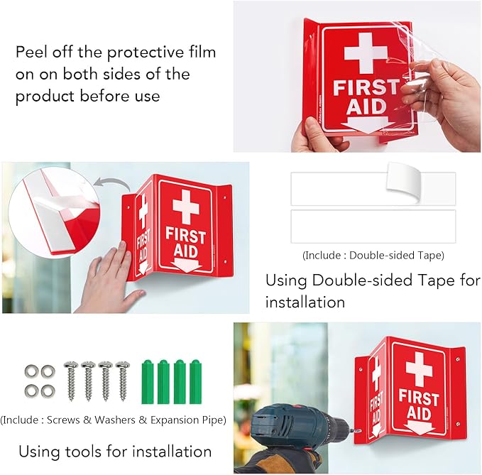 Faittoo First Aid Sign, 3 Pack First Aid with Cross Symbol - 6 x 8 Inches V-Shaped Acrylic Plastic, 4 Pre-Drilled Holes, Includes Matching Screws, Use for Home Office/Business