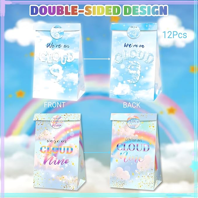 Inshinern Rainbow Clouds 9th Birthday Party Favors We're on Cloud Nine Birthday Goodie Bag Candy Treat Bags for Women Rainbow Themed Party Decor Engagement Party Supplies(12 Pcs)