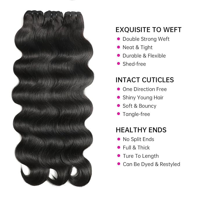 Human Hair Bundles 12 14 16 Inch 12A Body Wave Bundles Human Hair 100% Unprocessed Brazilian Virgin Hair 3 Bundles Double Weft Hair Extensions for Black Women Natural Black