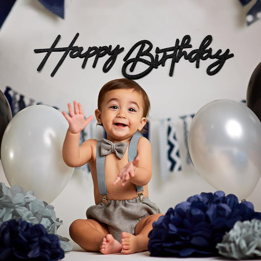 Black Happy Birthday Felt Sign for Backdrop - Glitter Black Happy Birthday Letters Signs Remove for Balloon Arch Party Large Happy Birthday Sings for Baby Girl Women Party Baby Shower Decorations