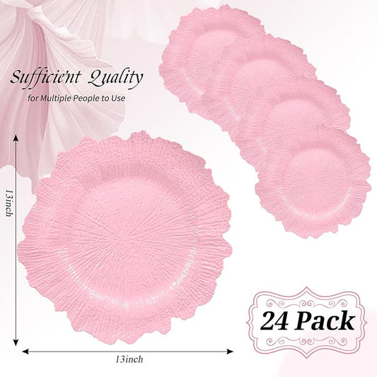 24 Pack Pink Charger Plates Bulk, 13" Plastic Reef Chargers for Dinner Plates, Round Charger Plate with Floral Reef Design for Dinner Wedding Party Table Setting Decoration
