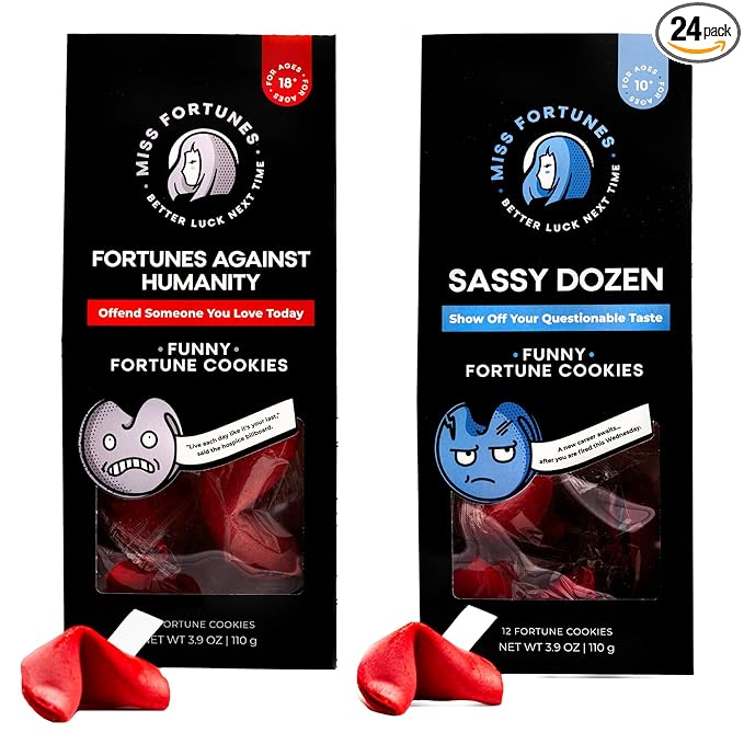 Miss Fortunes, Funny Fortune Cookies, The Two-Pack Shakur, Written by Professional Comedy Writers! (Multi-pack of 2 Dozen Cookies) (Fortunes Against Humanity + Sassy Dozen) One Adult-Oriented, One Safe For All Ages
