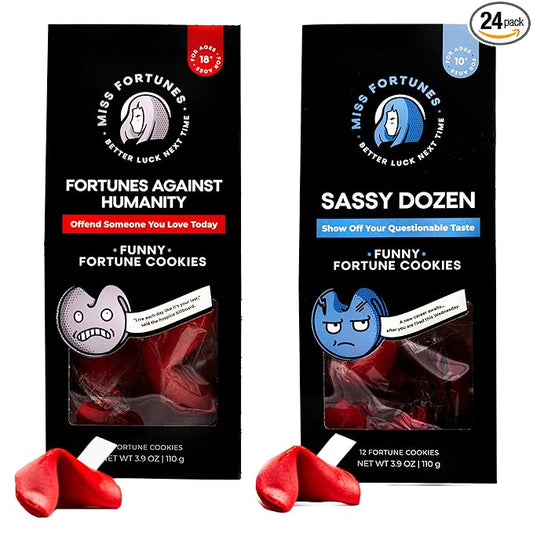 Miss Fortunes, Funny Fortune Cookies, The Two-Pack Shakur, Written by Professional Comedy Writers! (Multi-pack of 2 Dozen Cookies) (Fortunes Against Humanity + Sassy Dozen) One Adult-Oriented, One Safe For All Ages