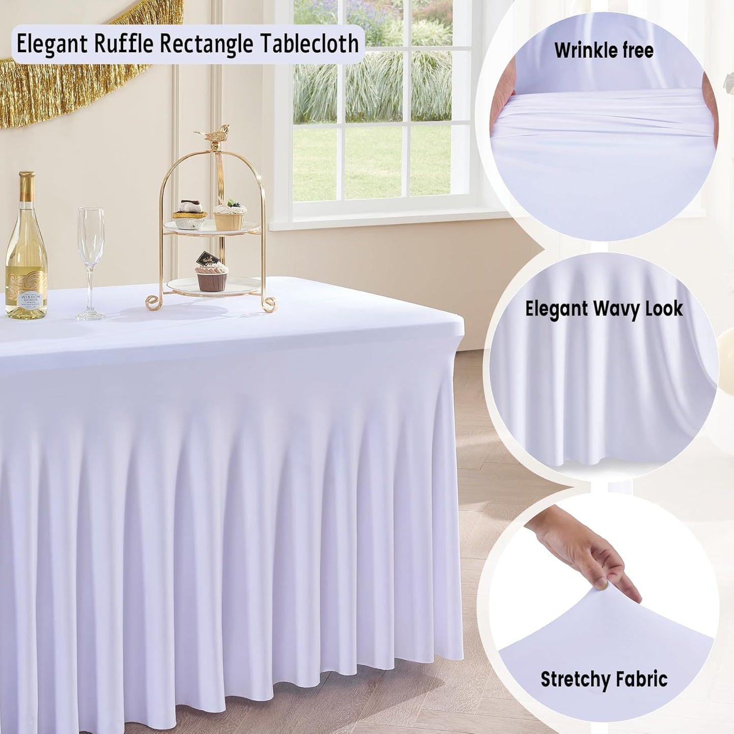 Outpain White Spandex Table Clothes for 5 Foot Rectangle Tables-4Pack 5FT Spandex Fitted Table Cover, Wrinkle Free Tablecloths with Skirt for Parties, Wedding, Birthday, Banquet, Festival
