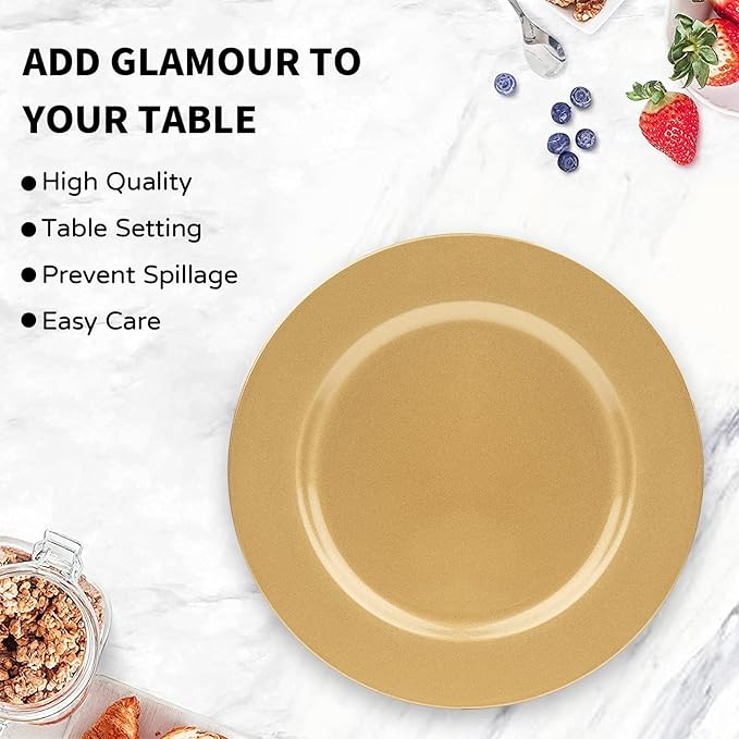 MAONAME Gold Charger Plates Set of 12, 13-Inch Round Plate Chargers for Dinner Plate, Plastic Table Chargers for Wedding Decor, Party