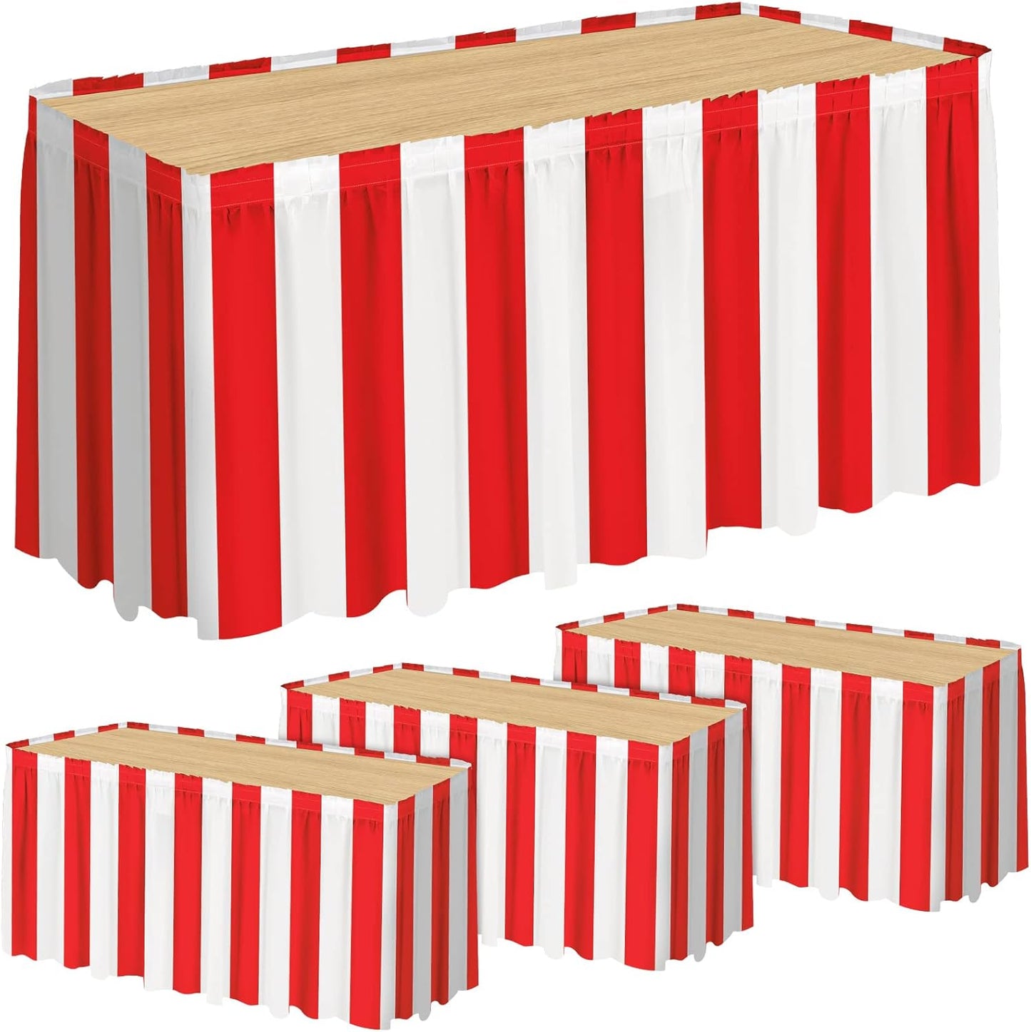 durony 4 Packs Red and White Striped Table Skirt Circus Theme Party Supplies Carnival Table Skirt for Carnival Home Party Decoration, 165 x 30 Inches