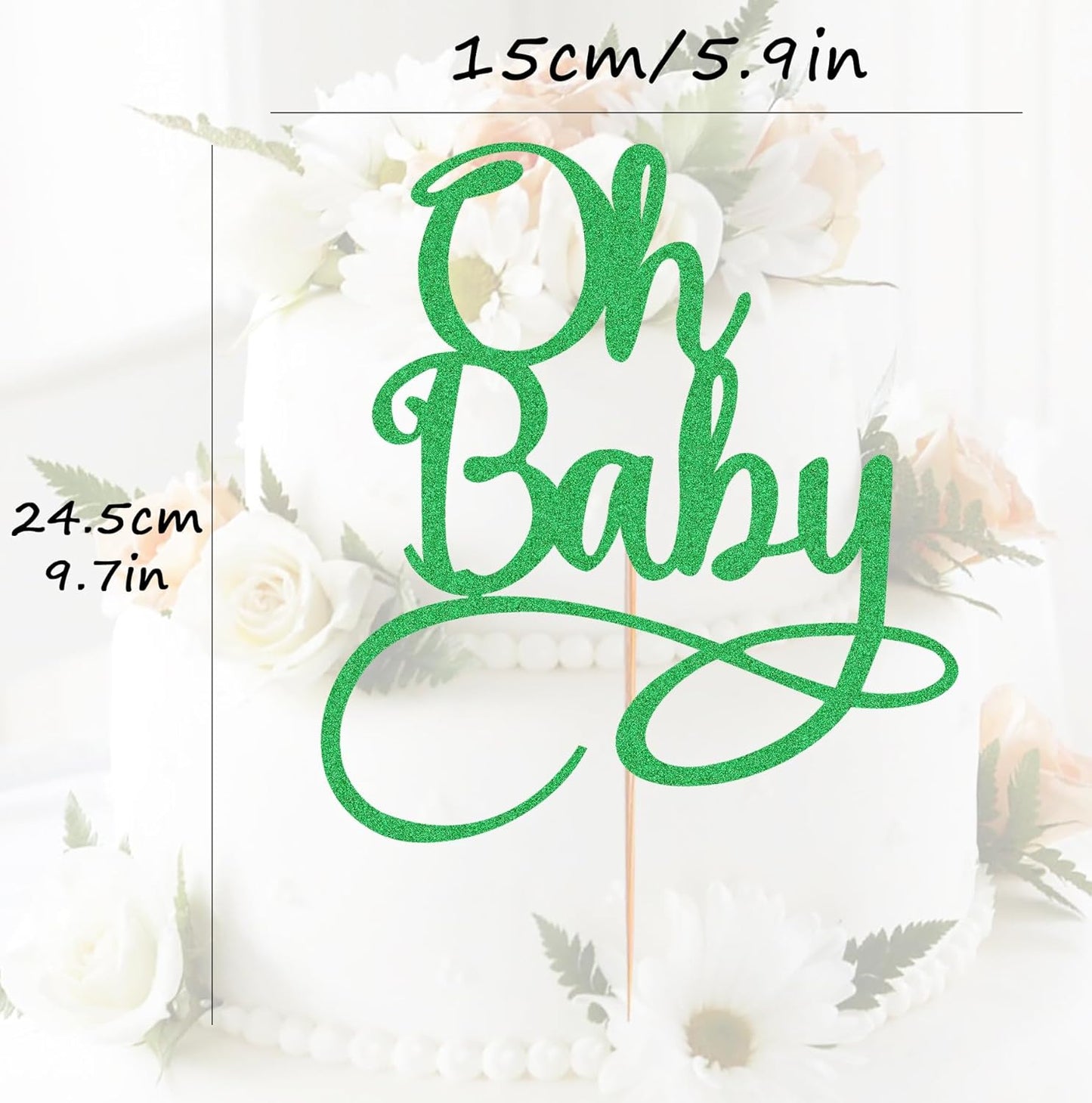 Oh Baby Cake Topper - Green Glitter Baby Birthday Party Cake Decoration Supplies, for Baby Shower/Gender Reveal Party Photo Booth Props