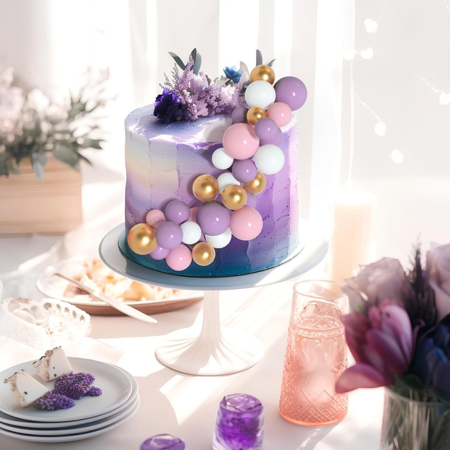 138 Pcs Balls Cake Topper Decorations Balloon Cupcake Toppers Foam Multisize Cake Topper Balls for Birthday Party Wedding Anniversary(Pink,Purple,White,Gold)