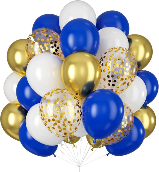 Balloons Royal Blue White Gold Balloons for Graduation Decorations Metallic Chrome Gold Confetti 12inch Dark Deep Blue White Latex Balloon for Birthday Party Anniversary Baby Shower